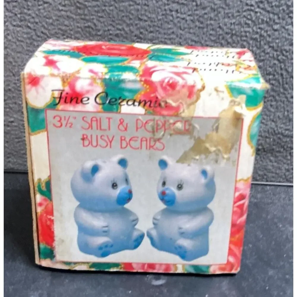 Vintage Loomco Blue & White Teddy Bear Salt & Pepper Shakers Early 1990s